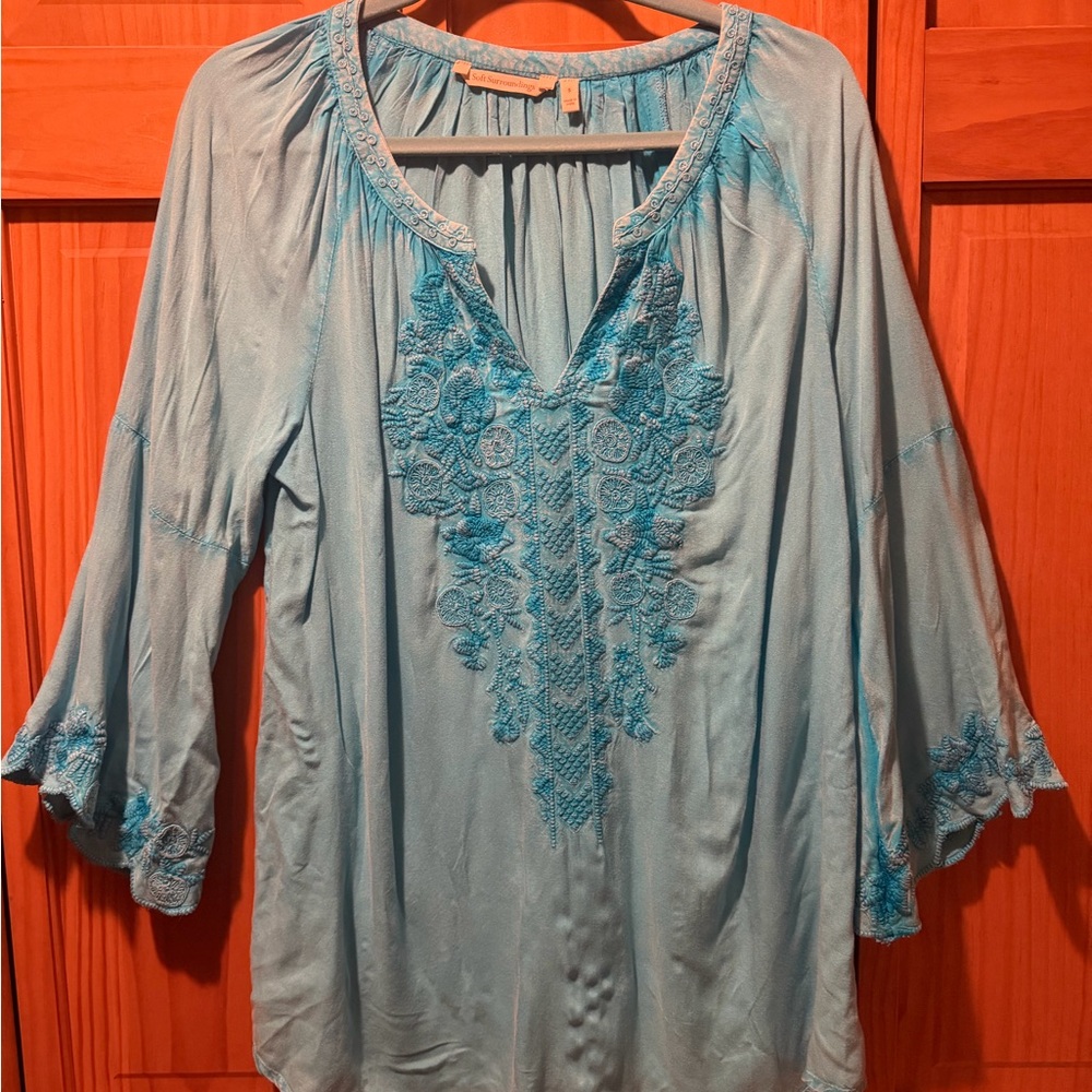 Embroidered Boho Peasant Top in Light Blue
